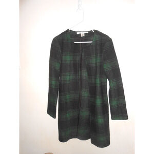 Max Studio Women Open Front Wool Blend Duster Green Plaid Long Sleeve SM Holiday